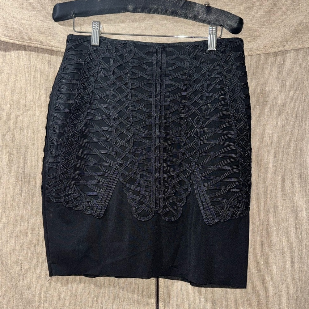 BEBE size 8 Black Pencil Skirt with Mesh Trim